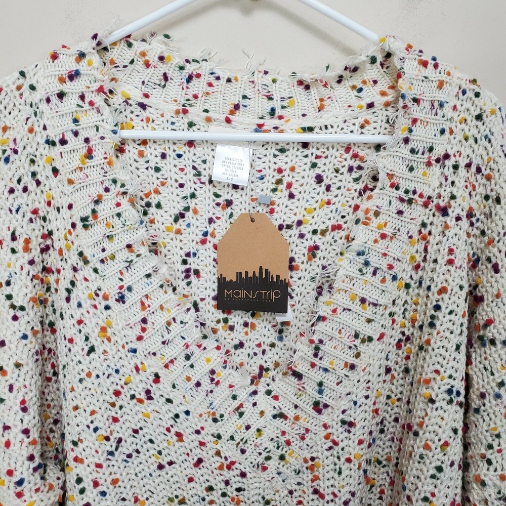MAIN STRIP Knit V Neck Sweater Large L Cream Multicolor Dots Raw Hem LS NWT - Picture 3 of 9